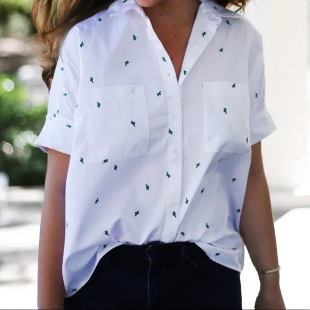 White Button-Up Shirt with Green Cactus embroidery